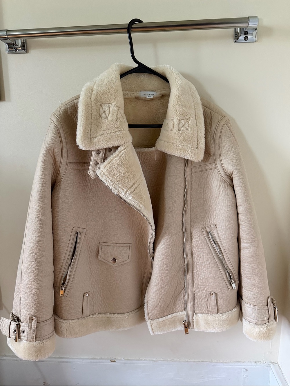 Topshop Cream Shearling Biker Jacket